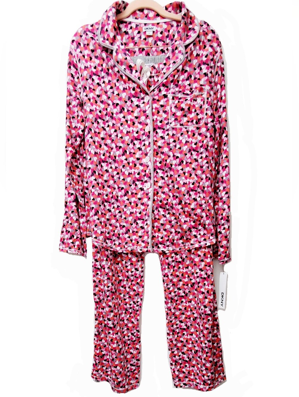 DKNY Pajamas Set Hearts Print Pink Red Cotton Blend Soft Knit Size Medium New